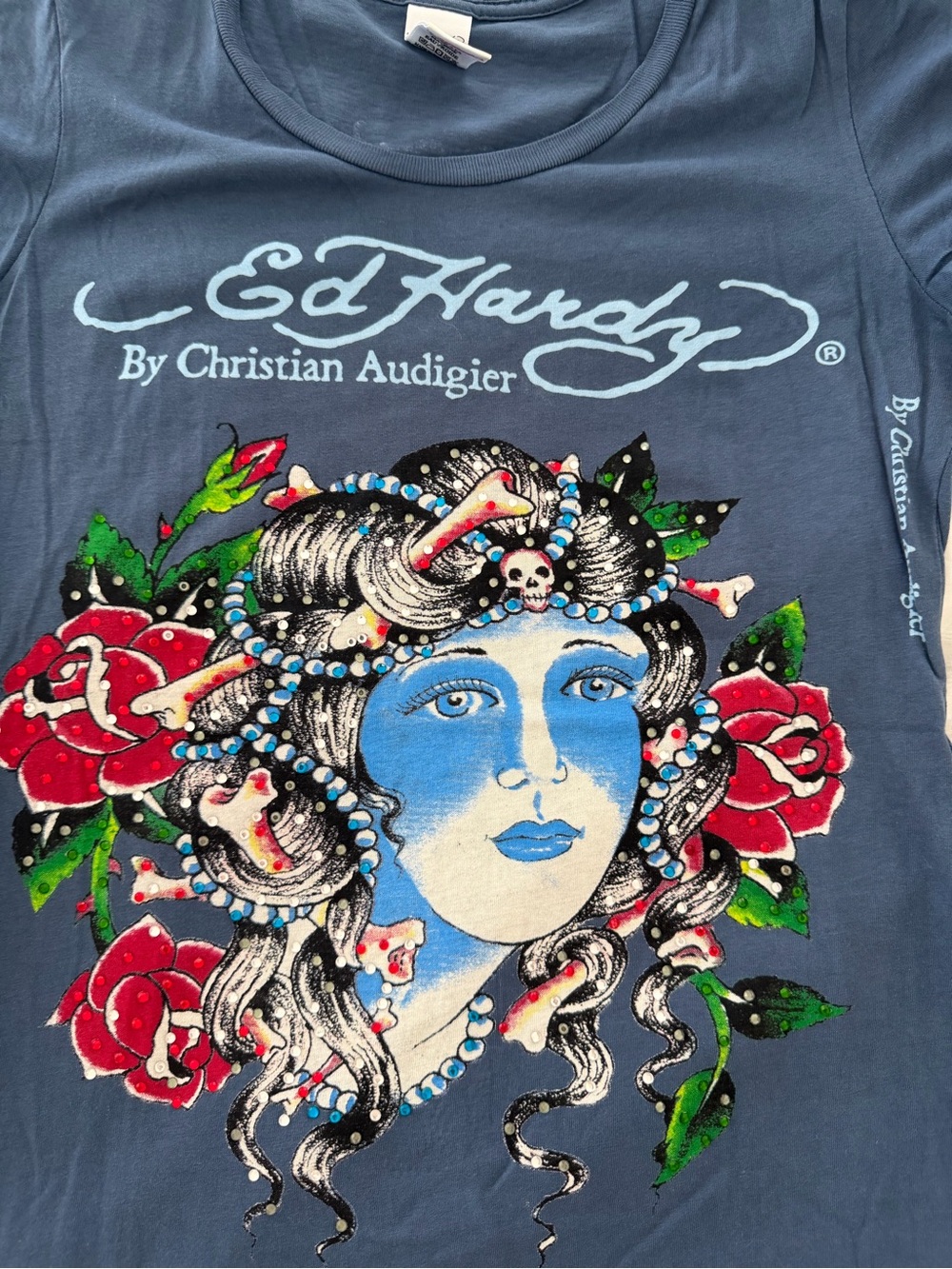 Ed Hardy Navy Scoop Neck Tee with Medusa & Red Rose Graphic - Picture 2 of 6